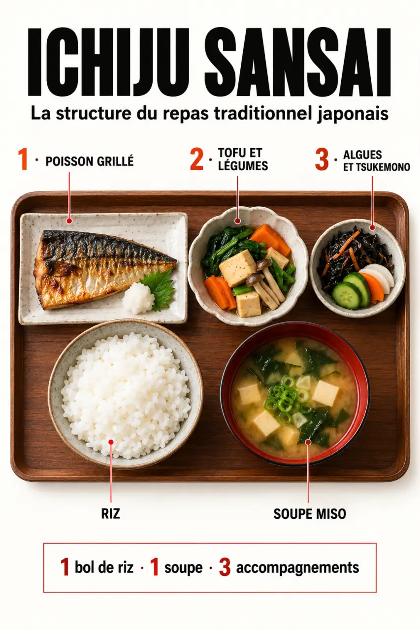 Infographie sur la cuisine traditionnelle japonaise et la structure ichiju sansai